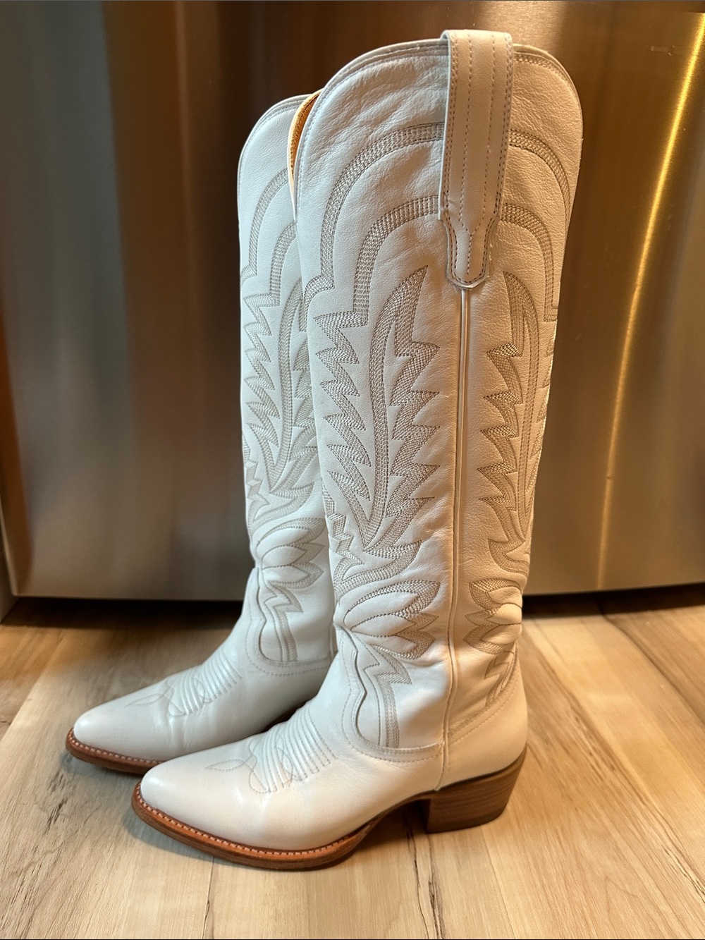 Tecovas Cream White Lace-Up Western Boots with Tan Trim